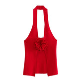 Haut débardeur à dos nu et col suspendu, coupe slim, motif floral décoratif